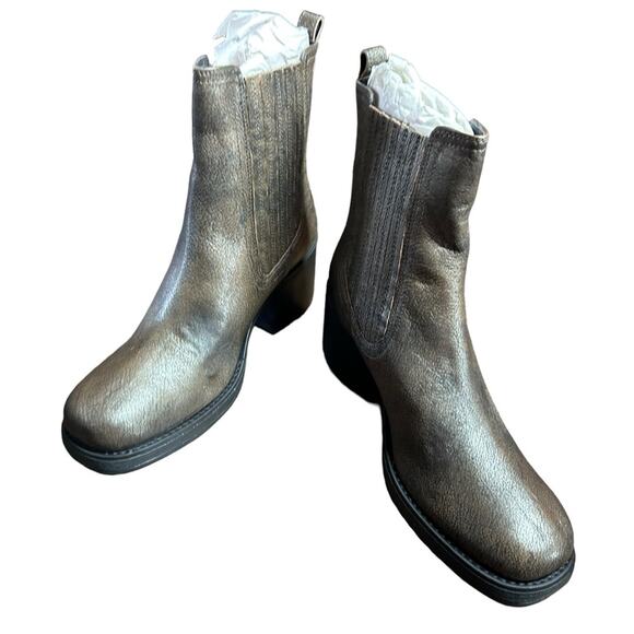 Kenneth Cole Jet Black Antique Gold Leather Chelsea Boots Chunky Heel Size 11 - Picture 5 of 12